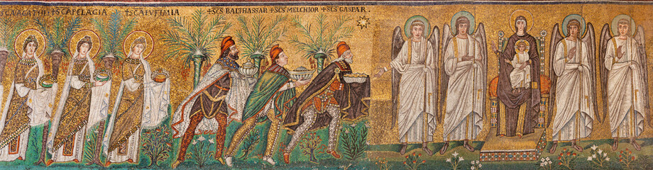 RAVENNA, ITALY - JANUARY 28, 2020: The mosaic of Tree Magi scene from church Basilica of Sant...