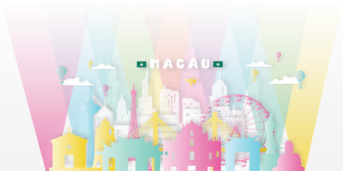 Macau Travel postcard, poster, tour advertising of world famous landmarks in paper cut style. Vectors illustrations