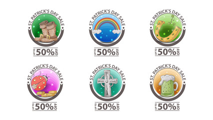 sale St Patricks day discount up to 50 percent large set of round banners icons with discounts with spring icons isolated on a white background