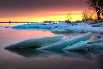 sunset on the frozen lake