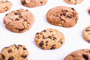 Homemade sweet chocolate chip cookies isolated on white background