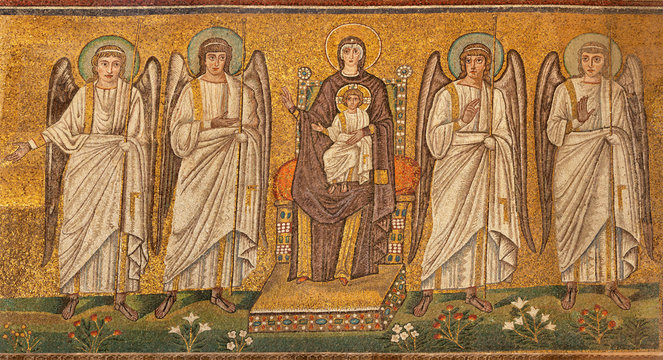 RAVENNA, ITALY - JANUARY 28, 2020: The mosaic of Madonna among the angels from church Basilica of Sant Apolinare Nuovo from the 6. cent.