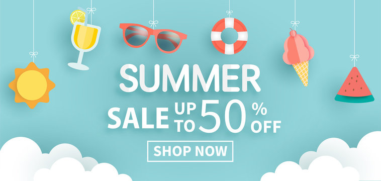 Summer sale banner with summer element in paper cut style for template and banners, wallpaper, posters, brochure, voucher discount.
