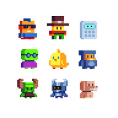Abstract video game characters, cute creatures set, pixel art style icons, cool guy, robot, calculator, little monster, dog, chick, element design for logo, app, web, sticker. Isolated vector.