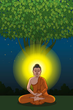Buddha Meditating Under Bodhi Tree At Midnight