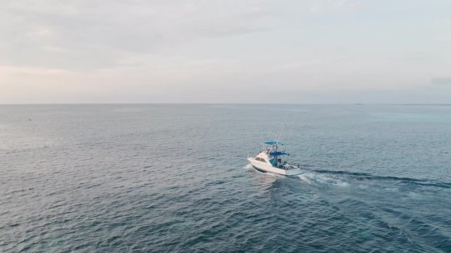 Deep sea fishing boat in the Indian Ocean at Watamu, Malindi, Kenya. Aerial drone view