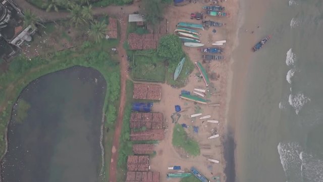 Fishing village in Varkala, India. Top down aerial drone view