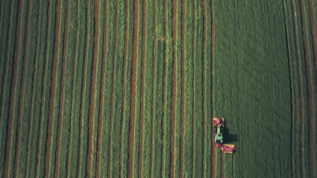 Farming and ploughing fields in spring with tractor. Top down aerial drone view