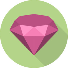 Vector flat pink diamond icon, isolated on a green background.