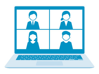 ノートPCでウェブミーティング　4人　青