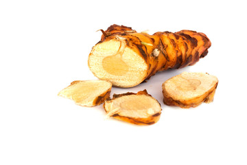 Galangal Cut in half Fresh from the garden isolate on white background