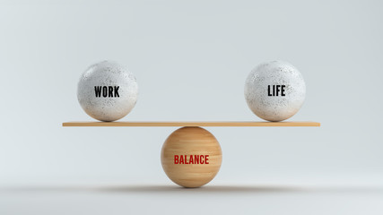 wooden balls forming a scale for WORK, LIFE and BALANCE on white background - 324718796