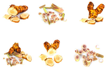 Galangal and lemon grass Cut in half Fresh from the garden isolate on white background