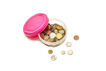 Old soviet coins different in a piggy bank on a white background