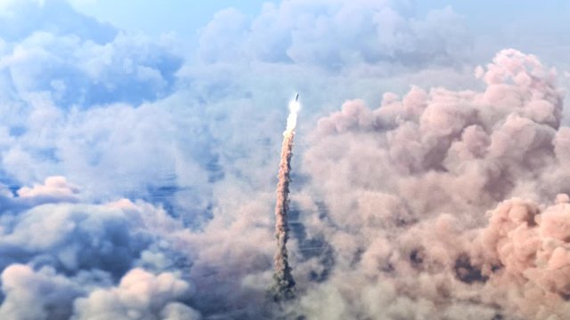 Rocket Launch through the clouds, Starship rocket to the mars. 4k animation