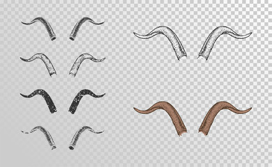 Vector set of hand drawn horns goat with grunge elements in different versions on a transparent background.