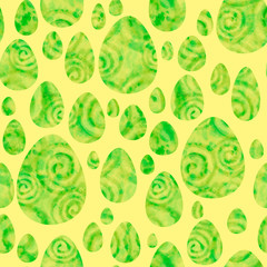 Watercolor green eggs on yellow background. Bright Easter seamless pattern. Hand-painted texture with spiral, splashes, drops, gradients. Watercolor stock illustration. Happy Easter day.