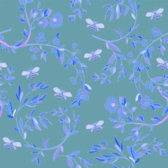 Branches of flowering trees vector illustration. Seamless pattern with bees, twigs, leaves and flowers