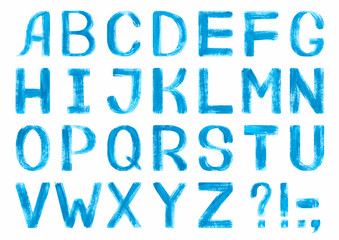 Latin alphabet with blue letters. Hand-painted illustration. English alphabet. Isolated on white background. Blue textured font. Peeling paint texture. Gouache, oil or acrylic technique.