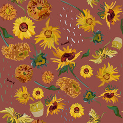 Sunflower flowers on a background of sea green. Vector illustration based on the painting of Van Gogh.