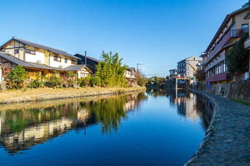 Riverside landscape reflection on the river, Kyoto, Japan