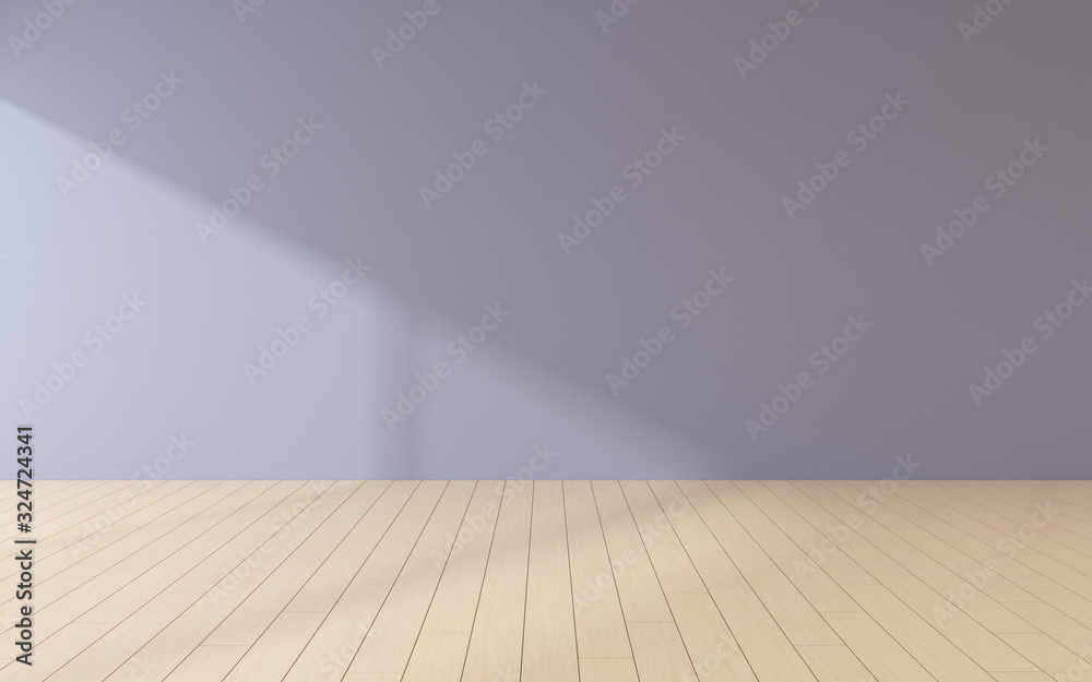 Poster mock-up of empty room and wood laminate floor with sun light cast the shadow on the wall,perspective