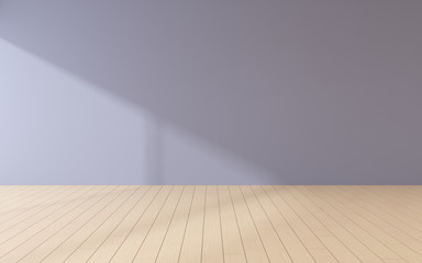 Mock-up of empty room and wood laminate floor with sun light cast the shadow on the wall,Perspective of minimal interior design. 3D rendering