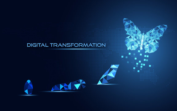Abstract Business digital transformation innovative of butterfly life cycle evolution blue background. Renewal and Powerful transformation metamorphosis concept. Lightness of being and playfulness