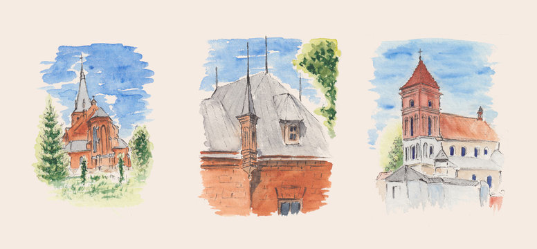 Stock watercolor paintings of old European Churches. Isolated architecture sketch of Eastern European colorful buildings with black ink outline. Concept for Easter souvenirs, postcards and magnets.