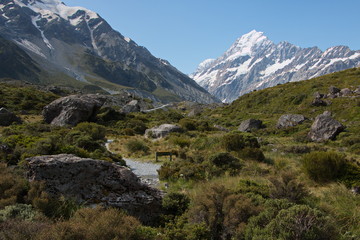 Landscape on Hooker Valley Track in Mount Cook National Park on South Island of New Zealand