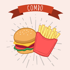Fast food combo. Vector color illustration in cartoon style. Poster design. Hamburger and french fries