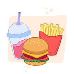 Fast food. Hamburger, drink, french fries. Vector color illustration. Combo fast food.