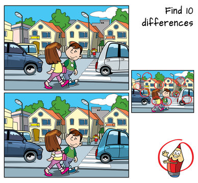 City street. Find 10 differences. Educational matching game for children. Cartoon vector illustration
