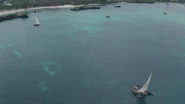 Fishing boats in Watamu Bay Beach near Malindi, Kenya. Aerial drone view