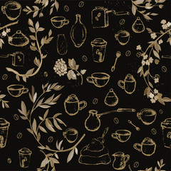 Pencil drawing of coffee elements, mugs, coffee grinder, spoons, turk for making coffee framed by flower branches. Vector illustration.