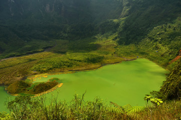 lake in mountains with green view of plants in West Java