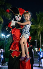 Little girl with a character of Halloween Parade. spectacular Halloween. Creative and fun costumes.