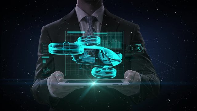 Businessman lifting smart pad, tablet, Autonomous drone taxi, x-ray image. Drone plane. 4k animation.