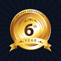 6th golden anniversary logo celebration with ring and ribbon. - obrazy, fototapety, plakaty