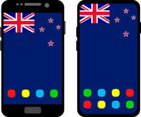 Two black smartphones with a home screen and wallpaper with the flag of New Zealand: old model with gray buttons and new model without buttons. Vector graphics, illustration