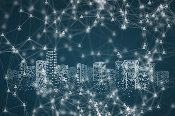 Social media communication. Internet network connection city skyscraper background.