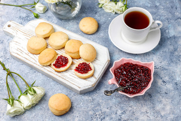 Homemade delicious cookies serving with raspberry jam,top view