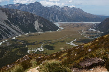 View of Hooker Valley from track to Sealy Tarns in Mount Cook National Park on South Island of New Zealand