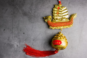 Bangkok, Thailand - January, 10,  2020 : Chinese new year festival decorations , the chinese character on the gold ingots means fortune and luck