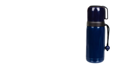 Dark blue thermos with mug. Isolated on white.