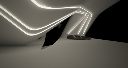 Naklejka premium Abstract architectural black and white interior of a modern villa with neon lighting. 3D illustration and rendering.