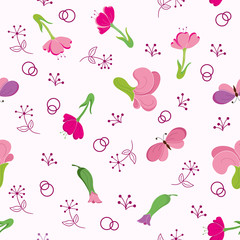 Pink seamless pattern with flowers and butterflies scattered randomly.