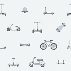 Eco-friendly transport background - Vector color seamless pattern of scooter, monowheel, hoverboard, bicycle and skateboard for graphic design
