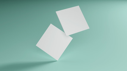 White square shape business card mockup stacking on green mint pastel color table background....