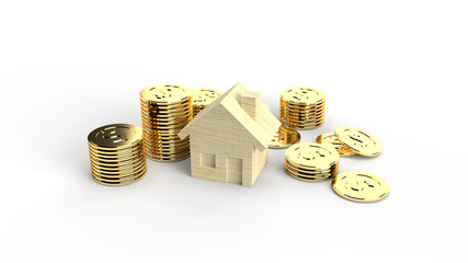 The wooden home toy and gold coins 3d rendering for business content.